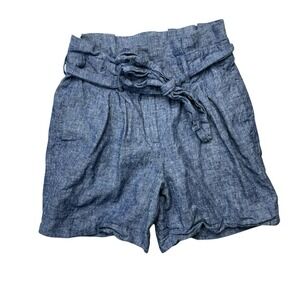 Boden Womens Shorts 4 Blue Linen Paper Bag Tie Waist Casual